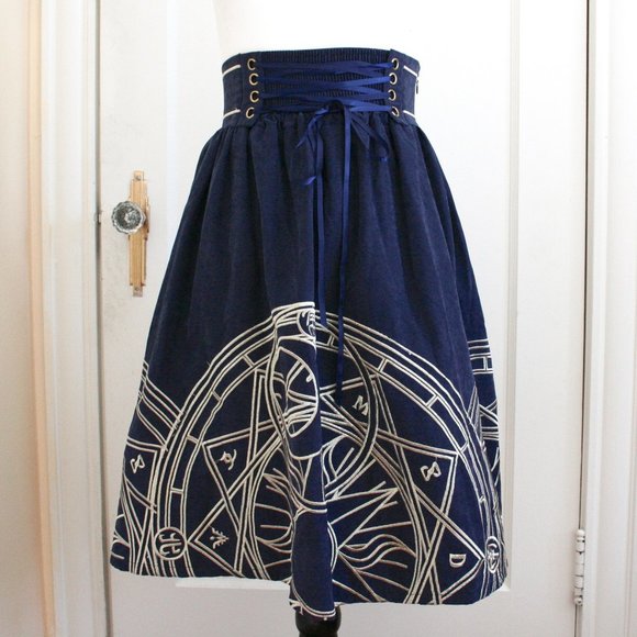 Unique Navy Blue A Line Skater Skirt With Golden Celestial Embroidery Size S - Picture 8 of 10